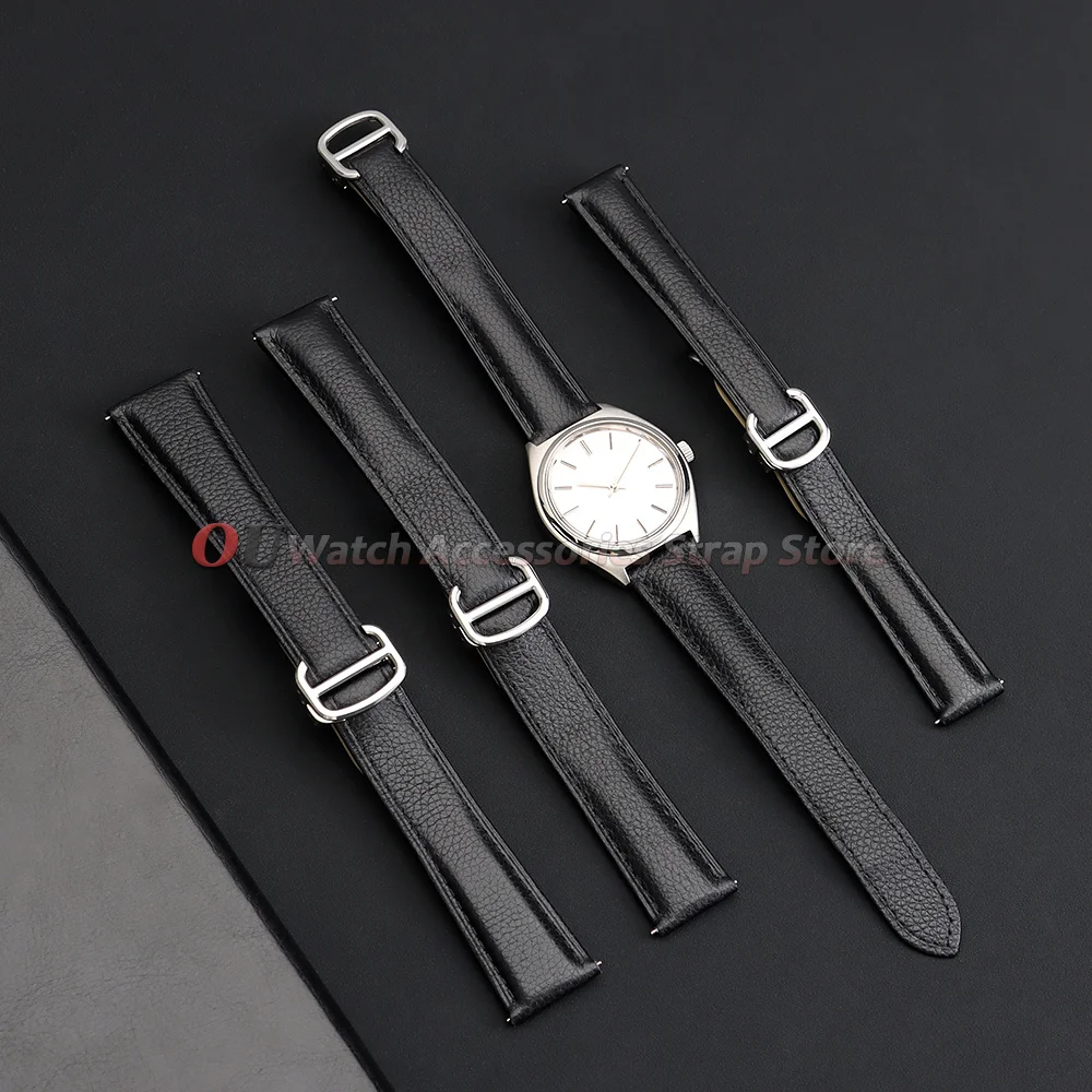 Litchi Grain Leather Watch Strap with Folding Buckle - Elegant Business Bracelet