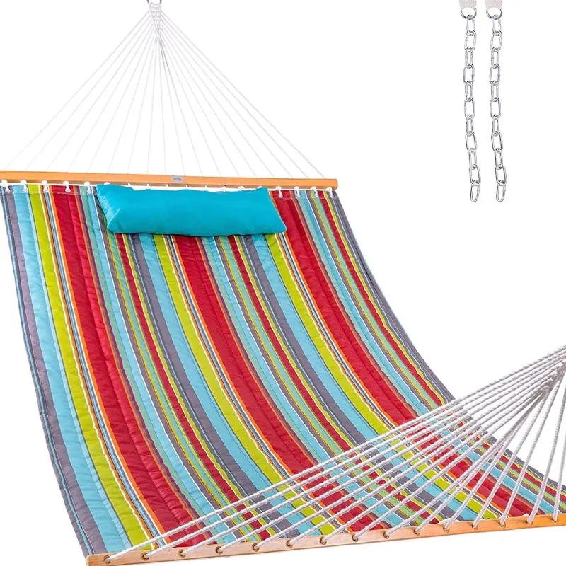 Lazy Daze 12 FT Quilted Fabric Double Hammock with Spreader Bars and Detachable Pillow, 2 Person Hammock