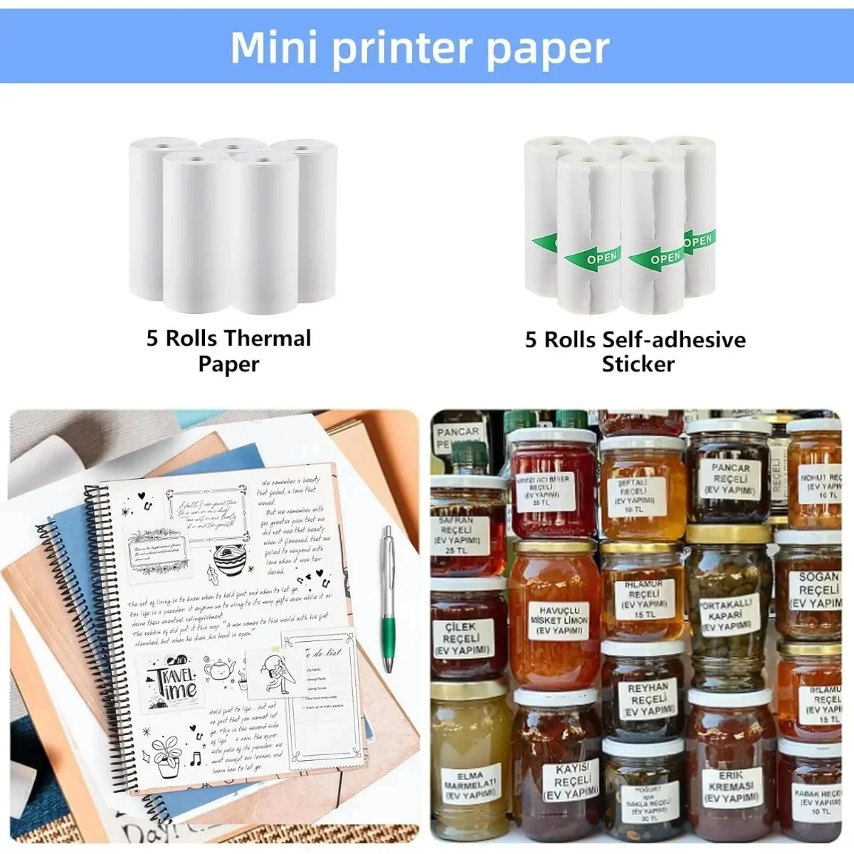 

For 10 Rolls Mini Printer Paper Photo Journal Notes Memo 57x25mm for Inkless Mini Pocket Printer Sticker Printer Paper