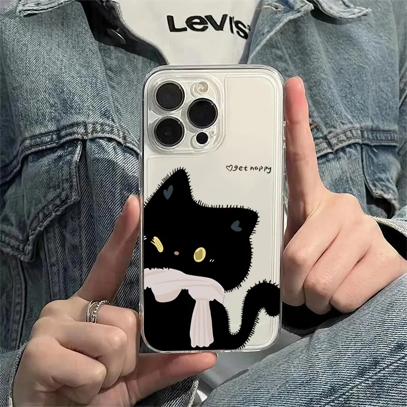 Charming Cartoon Cat Couple Phone Case - Black and White Design