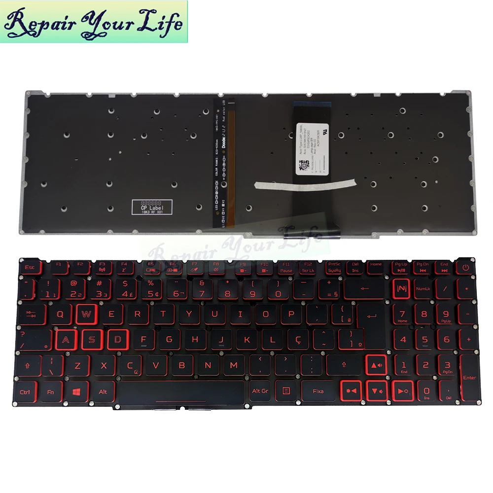 Pt-br fr Notebook Teclado Backlight para Acer Nitro An51554 An51543 An515-44 Brasil Brasileiro Português Francês Vermelho Backlit - Imagem 3