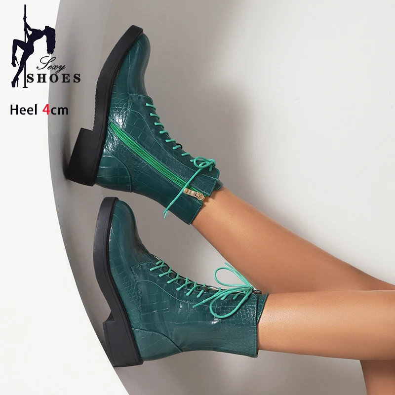 4CM Heel Women Outdoors Non-Slip Short Boots Autumn And Winter Lace-up Casual Shoes Plus Size Female Zip Leather Ankle Booties