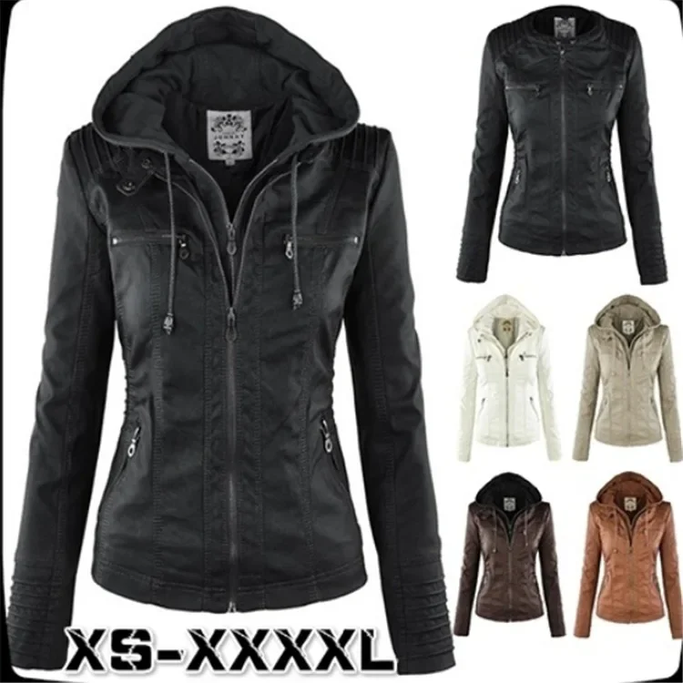 Long Sleeve Solid Color Zipper Hooded Leather Jacket Women's Detachable Crew Neck women leather jacket