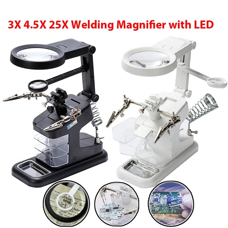 3X 4.5X 25X Welding Magnifying Glass with LED Light Magnifier Lens Auxiliary Clip Loupe Desktop Magnifier  Soldering Repair Tool outside micrometer