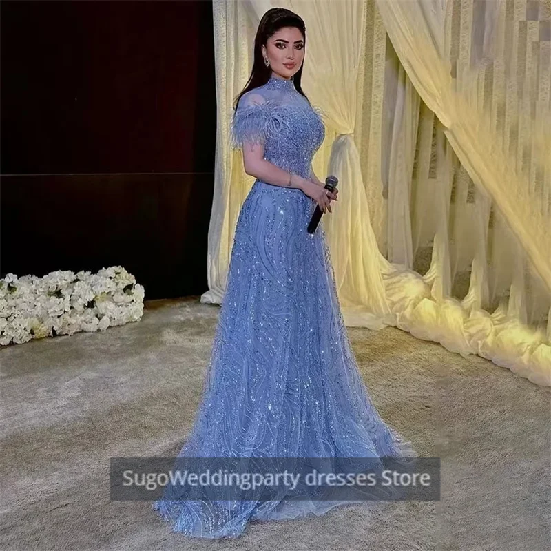 High Neck Evening Dresses Short Sleeve  Sequin Tulle Feathers Floor Length Saudi Arabia Dresses Party Dresses 2024