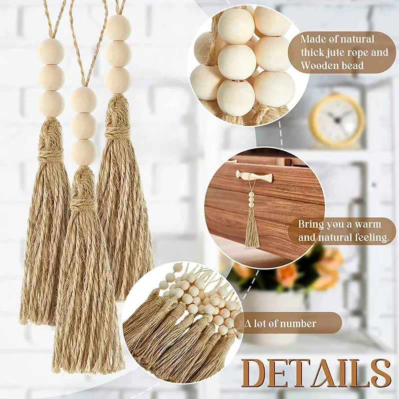 1/2/3Pcs 3 개의 나무 구슬과 황마 술 자연 황마 밧줄 Tassels DIY 공예 Tassels에 대 한 파란색 된 Tassels 홈 웨딩 파티 장식