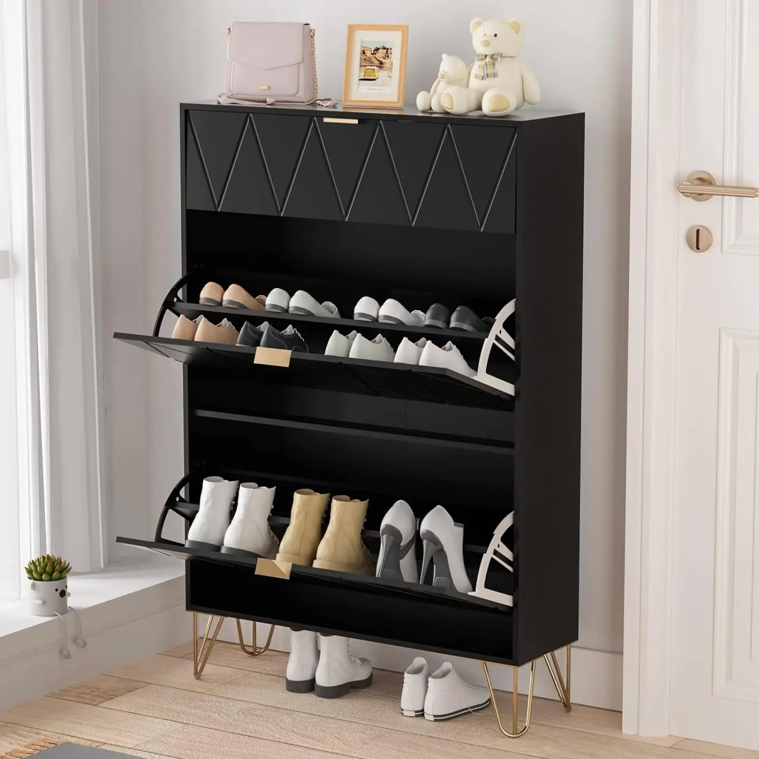 

UEV Shoe Cabinet,Freestanding Shoe Rack Storage Organizer with Drawers & Metal Legs,Modern Shoe Storage Cabinet with 3 Flip Draw