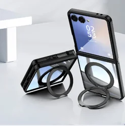 Clear Phone Case with 360° Ring Holder and Kickstand - TPU+PC Magnetic Cover - Galaxy Z Flip 8 (Black)