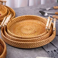 Handmade Rattan Tray Double Ear Tea Fruit Serving Tray, Bread Snack Storage Woven Basket, Insulated Art Decoration Home Decor 1