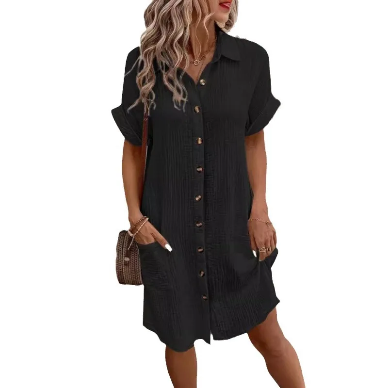 Summer New Minimalist Lapel Button Cotton Linen Dress with Pockets for Women's Fashionable Casual Shirt Skirt 739