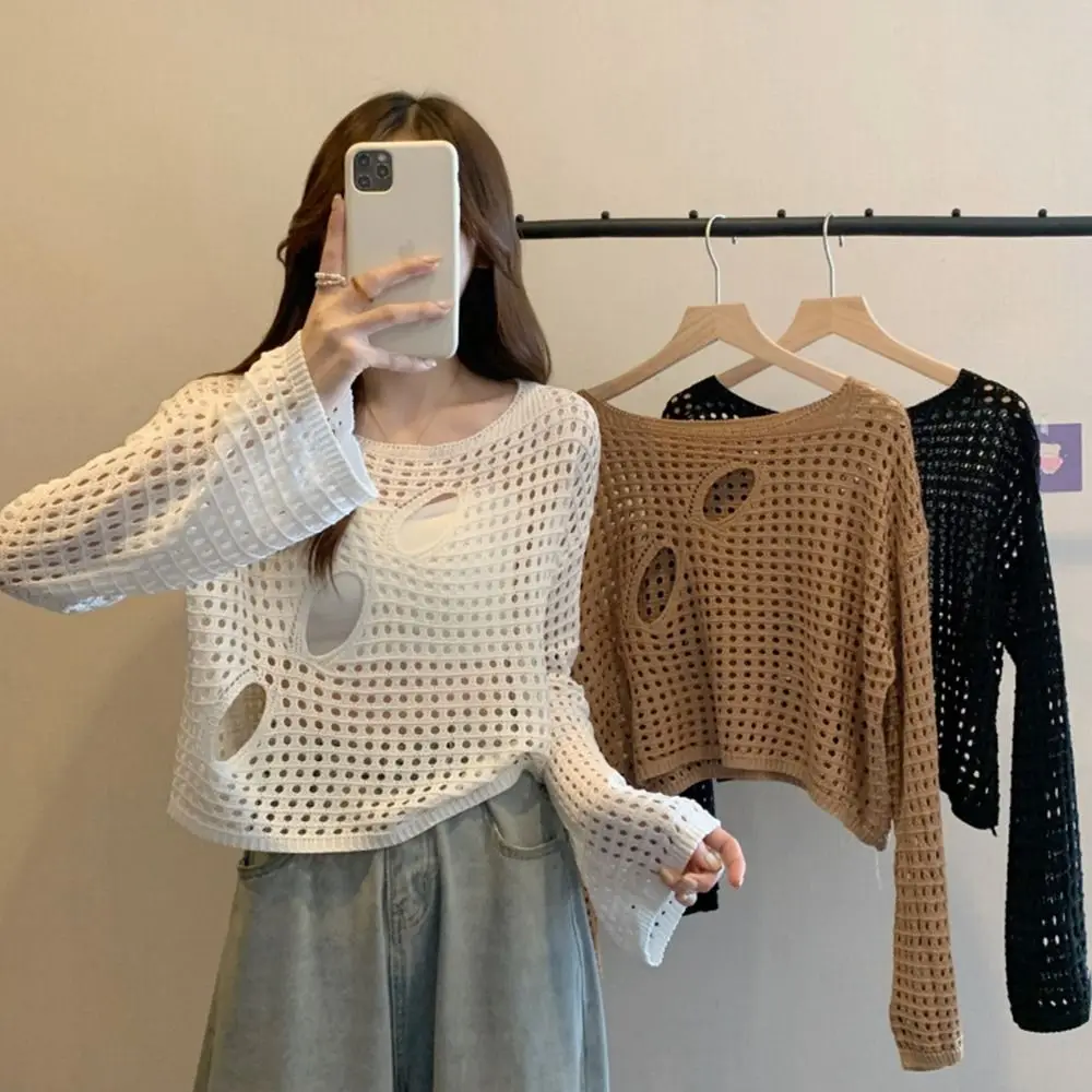 

Fashion Knit Hollow-out Blouses Hollow-out Long Sleeve Fishnet Pullover Thin Round Neck Knitwear Tops Women