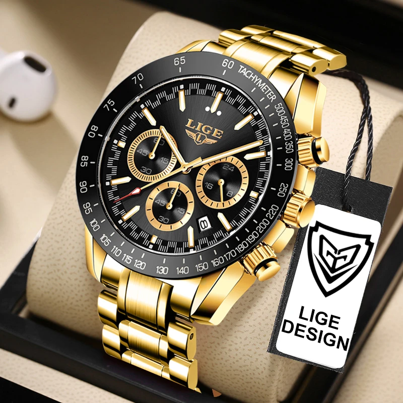 LIGE Luxury Golden Men Watches Fashion Sports Waterproof Watch for Men Gents Business Quartz Wristwatch Reloj Hombre New 2022