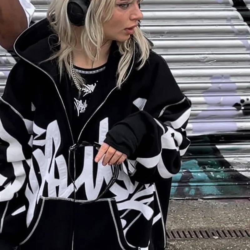 

Zipper Y 2k Gothic Streetweat Hoodie Fashion New Winter Zip Up Fashion Coat Sweatshirt Pants Women Yk2 2000s Vintage Jacket Pant