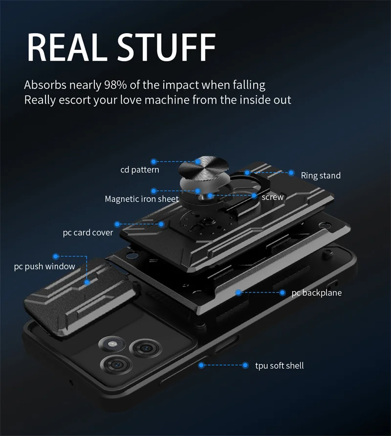 Durable Shockproof Armor Case with Card Holder & Slide Lens Protector