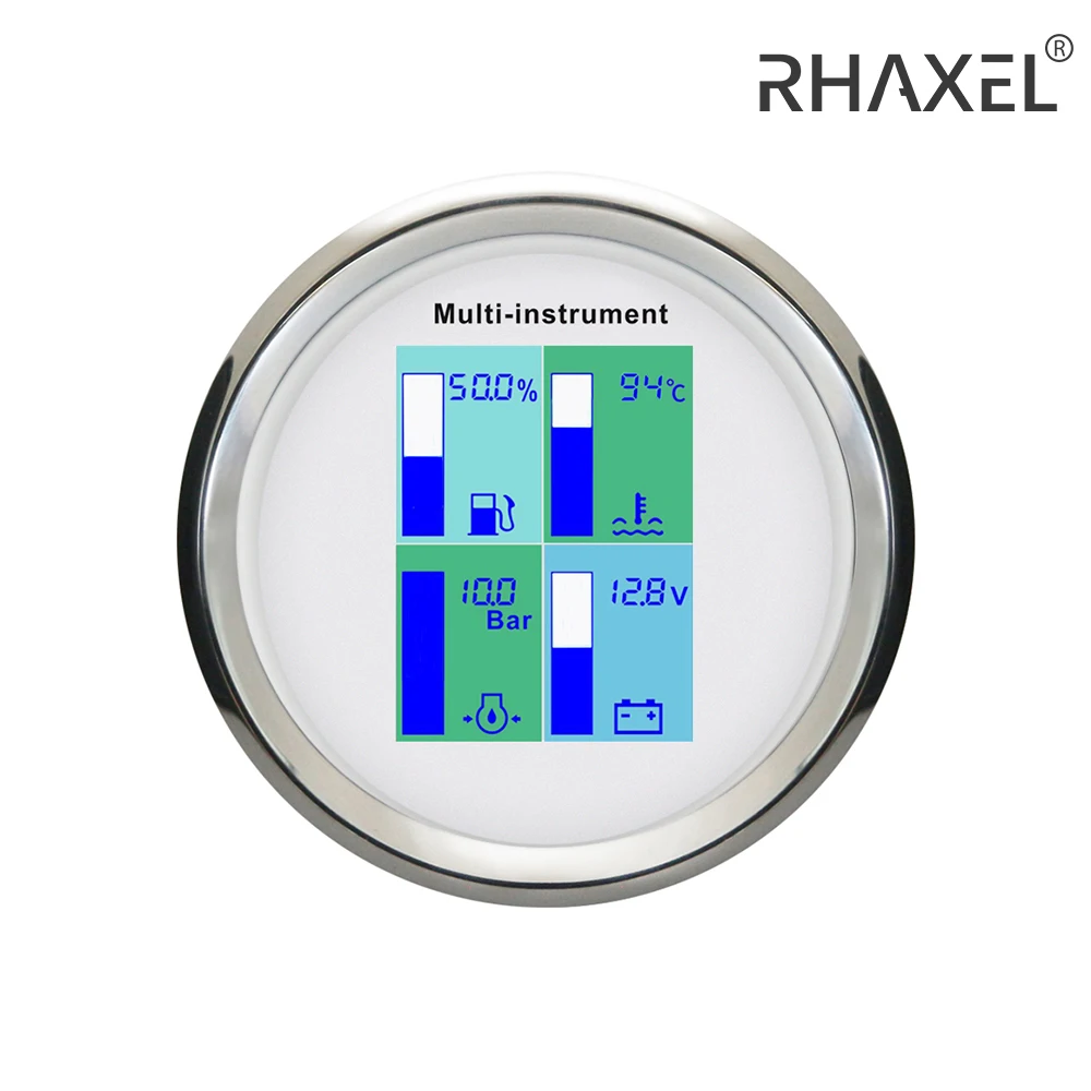 

RHAXEL 3 3/8'' 4in1 Multi-Function Gauge Fuel Level Water Temperature Oil Pressure Voltmeter with Alarm for Motorcycle 12V 24V