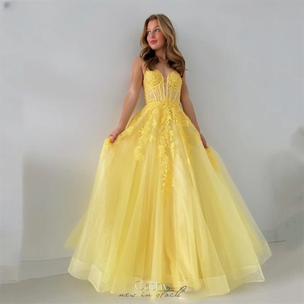 

Cathy Yellow Lace Appliques Prom Dresses Tulle A-line vestidos de noche Elegant Puffy Sleeves Spaghetti Strap Formal Evening