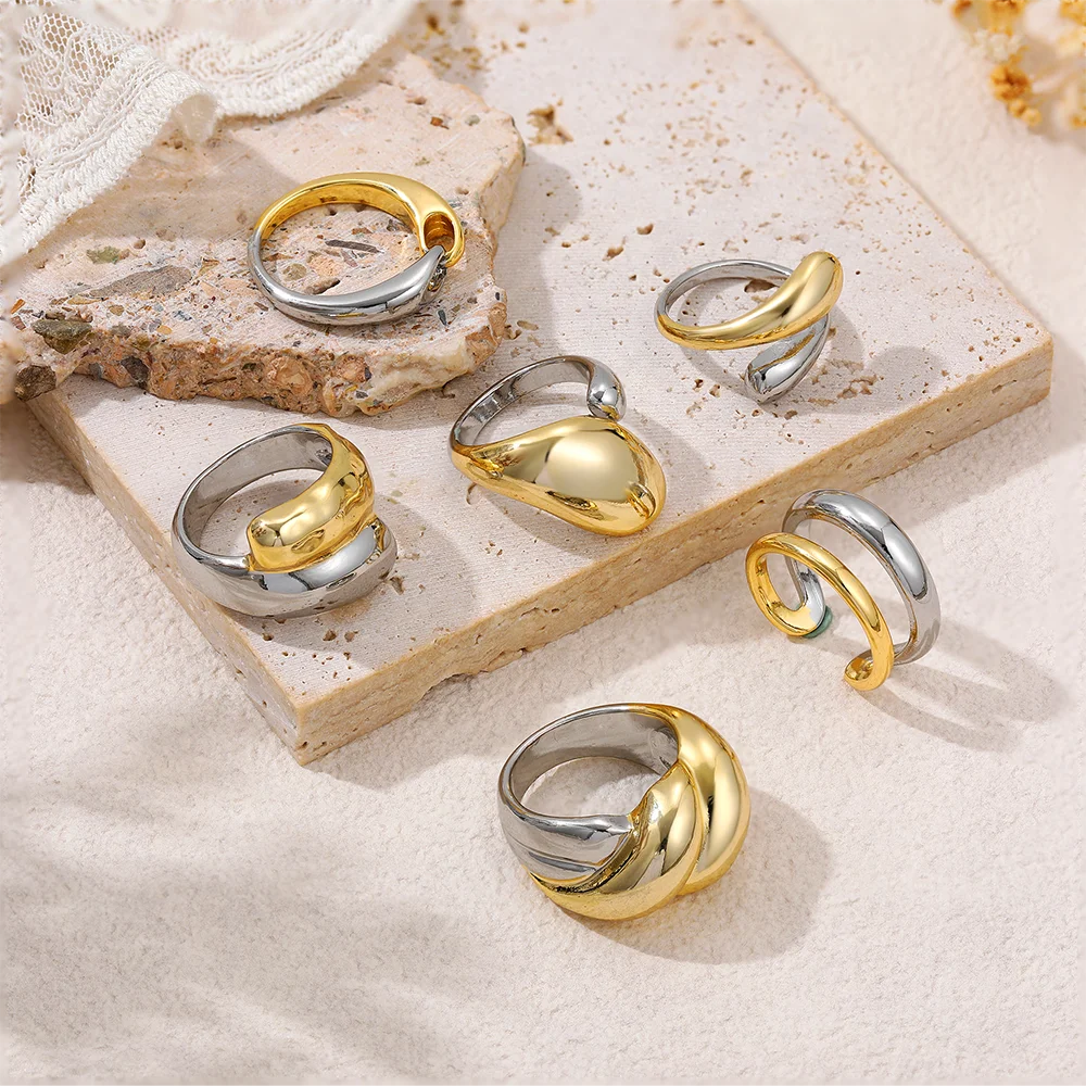 Two-tone Chunky Twist Rings for Women Girls Minimalist Double Layered Metal Stainless Steel Waterproof Knuckle Ring Punk Jewelry