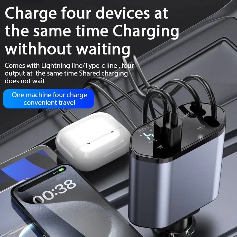 Phone Charger Car Charger Phone Charger Adapter Car Phone Charger 120W 4 in 1 Car Charger Retractable Charging Cable Lighter Adapter USB TypeC Fast Charger Cable For IPhone Xiaomi Huawei Samsung