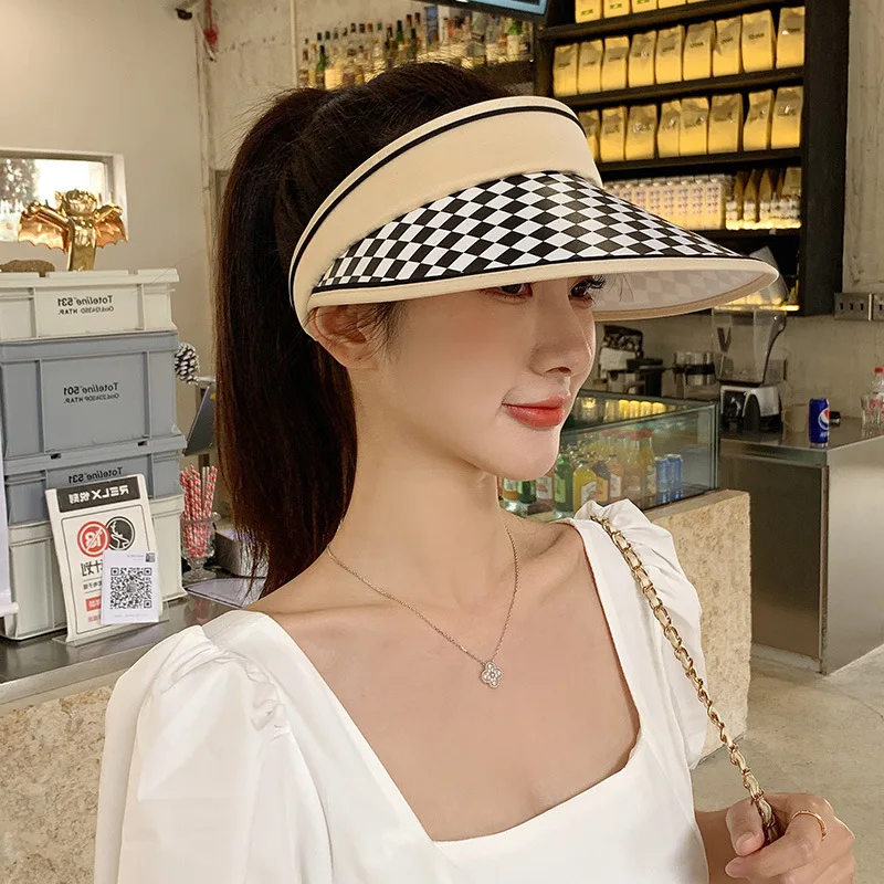 

Checkerboard sunshade hat Children's summer Korean version UV UV UV resistant empty top hat Evening and evening outdoor cycling