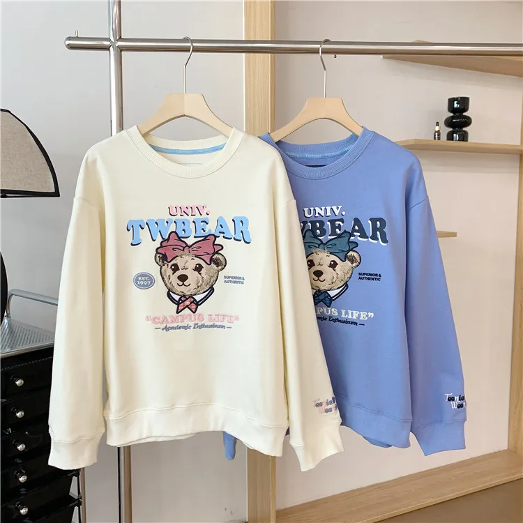 

Bear Embroidery Hoodies, Cotton Fabric, Loose Casual Lady Sweatshirts, Gothic Traf Clothes, White Color, Autumn