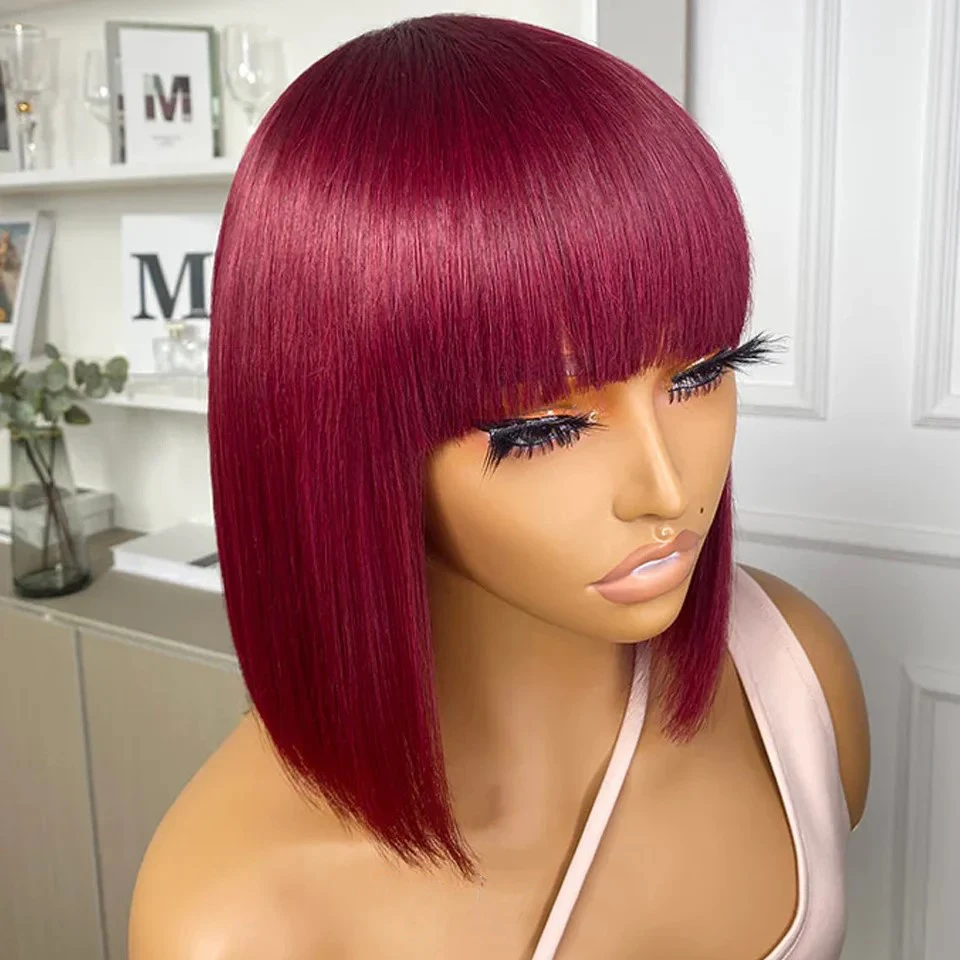

99J Colored Short 180D Straight Brazilian Human Hair Bob Wigs with Bangs Remy Full Machine Made Wigs for Women Burgundy Bob Wig