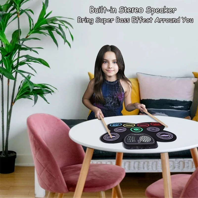 9-pads elektronische drum met LCD, dubbele stereoluidsprekers en pedalen | Draagbaar tafeldrumset voor beginners en professionals | Bluetooth MIDI-compatibel | Ideaal voor thuis, studio en