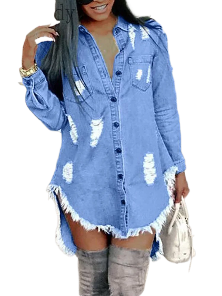 

Женское повседневное асимметричное платье-рубашка из джинсовой ткани с длинным рукавом и необработанным краем