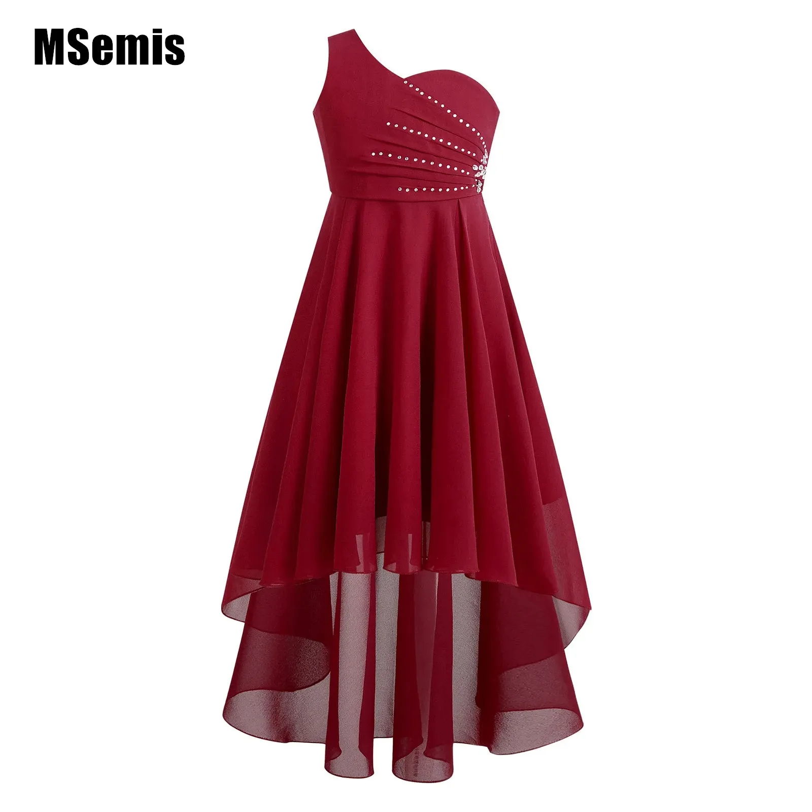 

Kids Girls One Shoulder Party Dress Shiny Rhinestones Beaded Sleeveless High-Low Chiffon Dress for Wedding