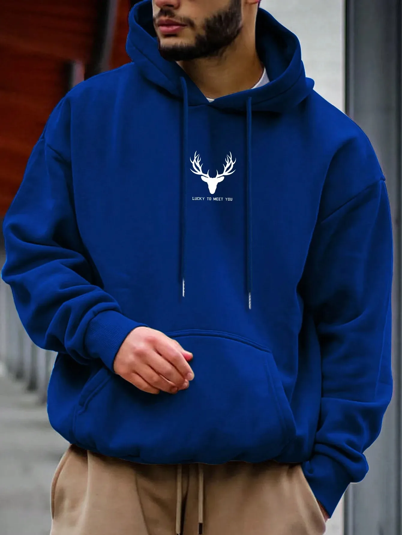 Simple antler print men's fleece hoodie casual street style clothing hot-selling creative jumper pocket autumn and winter sports