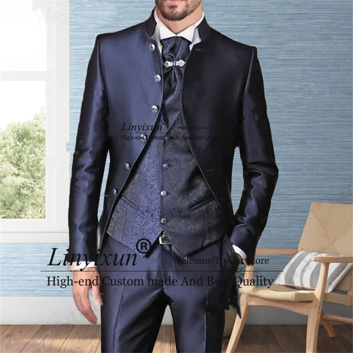 

Navy Blue Men Suits Stand Collar Groom Wedding Tuxedos Business Male Blazer Jacquard Waistcoat 3 Pieces Sets Costume Homme