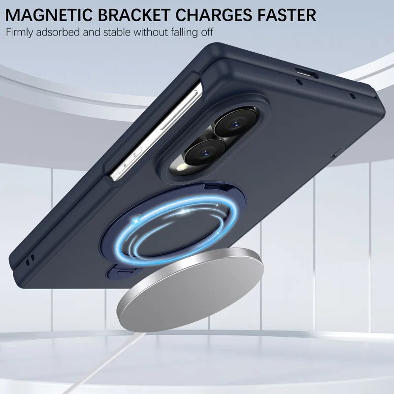 Premium Phone Case with Tempered Glass and Rotating Magnetic Alloy Stand, Fingerprint Resistant Cover