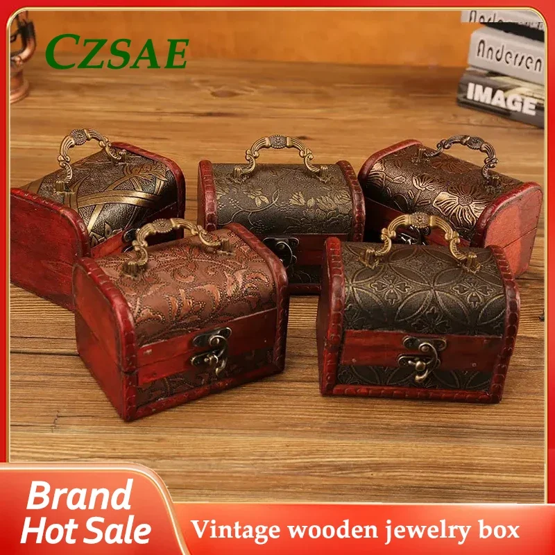 

1pcs Vintage Wooden Jewelry Box Mini Cosmetic Box Necklace Earrings Ring Jewelry Storage Rack Antique Old Wedding Gift with Lock