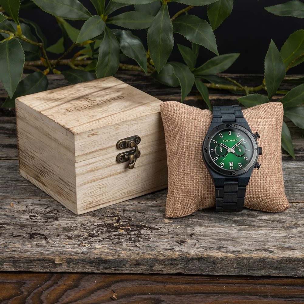 BOBO BIRD Wooden Men Watch Fashion Business Quartz Wristwatch Custom Engraved Wood Chronograph Watches with Date Display