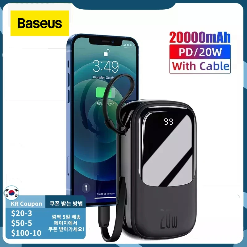 usb battery pack Baseus 20W Mini Power Bank 20000 mAh Built in Cables PowerBank External Battery Charger For iPhone 12 11 Xiaomi Samsung Huawei pocket power bank