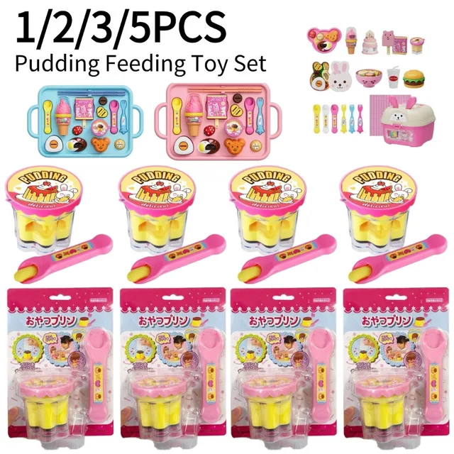 Pretend Play Pudding Feeding Toy Set with Magic Spoon Simulation Food Kitchen Toys for Kids Interactive Role Play Gift for Girls