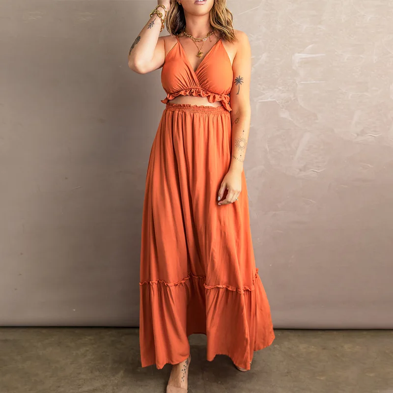 

Sexy SuSpender Waist Up Dress For Women's Summer New Solid V-neck Ruffled Long Skirt 618608