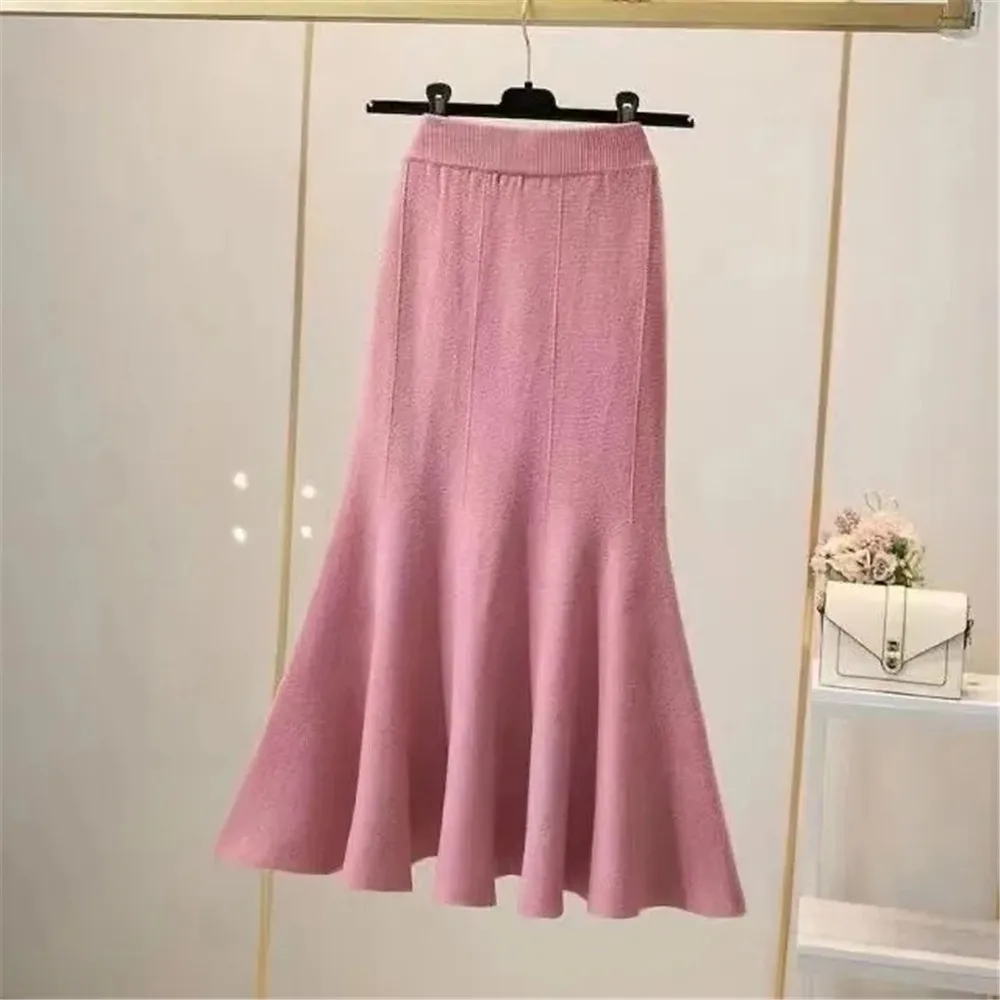 Knitting Skirts For Women Fashion High Waist Slim Trumpet Mermaid Skirts Office Ladies Casual Elegant Ankle Length Long Skirt