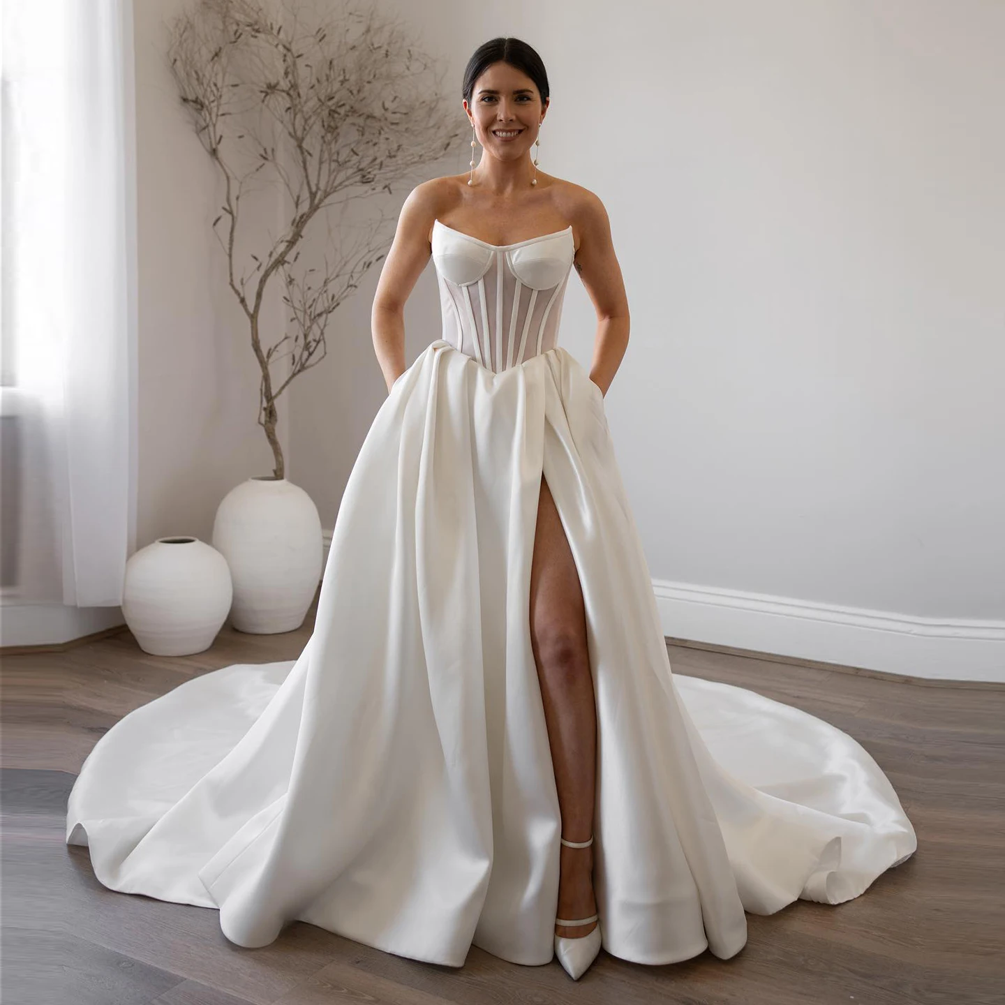 Ball Gown Plain Sweetheart Wedding Dresses V Neck Spaghetti Strap Wedding  Dress Satin A Line Sweetheart