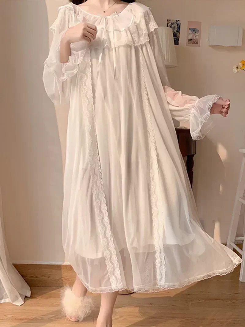 

Vintage Fairy White Victorian Ruffles Night Nightdress Dress Nightgowns Mesh Lace Sleepwear Princess Loungewear Lolita Women