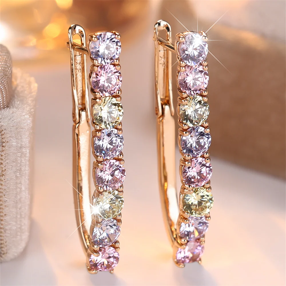 Multicolor Crystal White Zircon Round Stone Hoop Earrings For Women Vintage Gold Color Ear Buckle Wedding Jewelry Versatile Gift