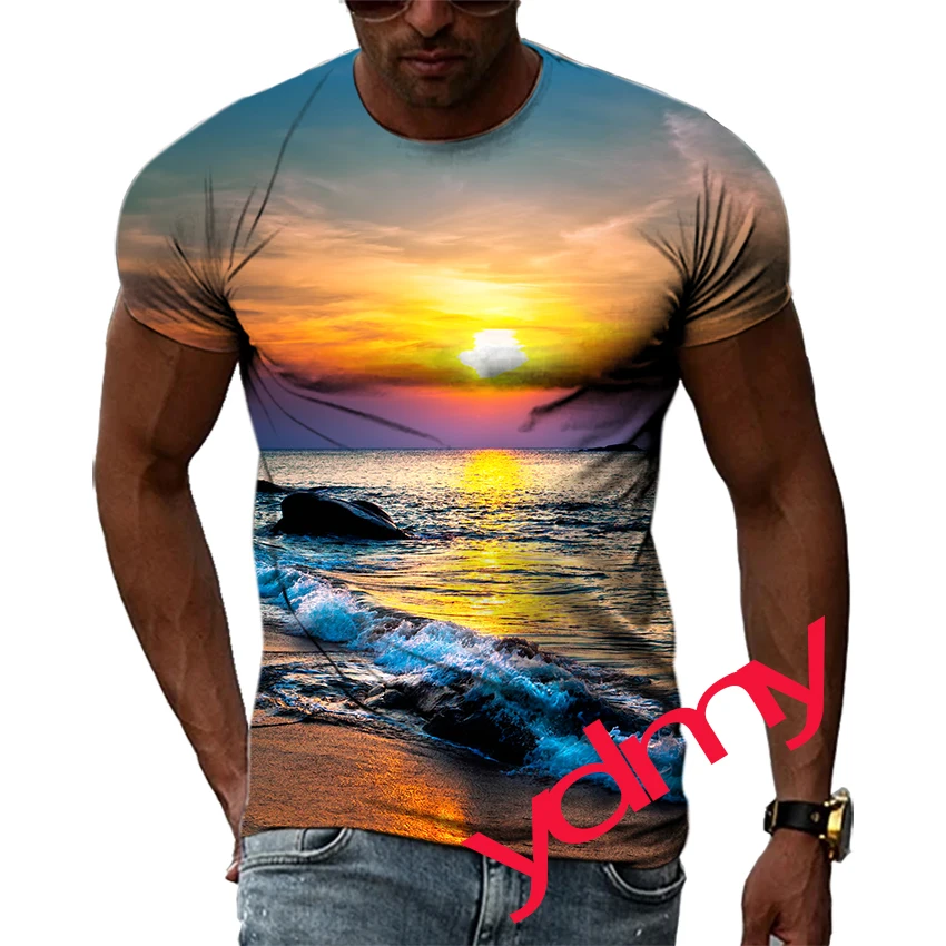 

Summer Fashion Sea Twilight Picture T-Shirts For Men Casual 3D Print Tees Hip Hop Personality Round Neck Short Sleeve Tops
