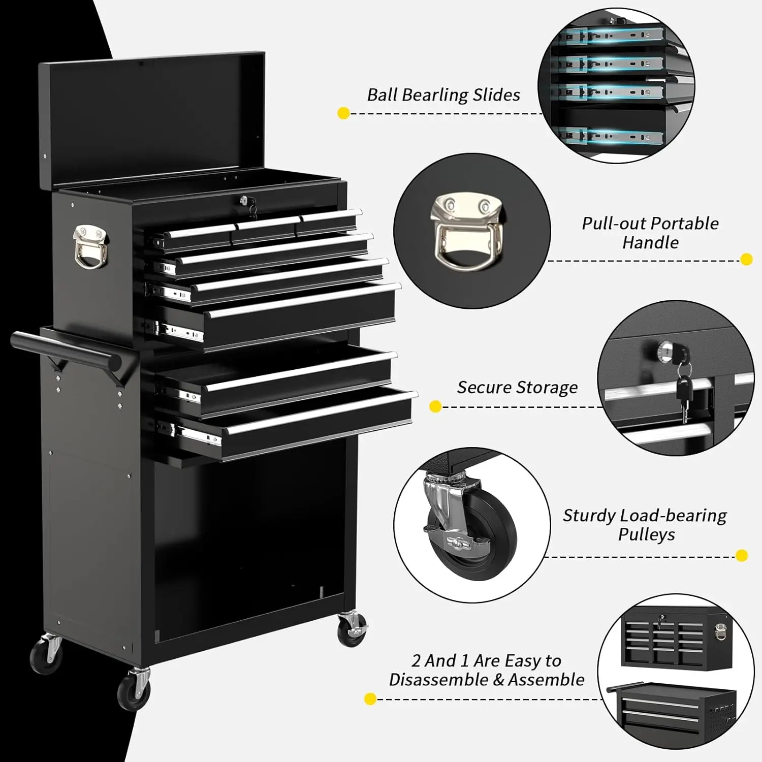 8 Drawer Rolling Tool Chest Large Capacity Rolling Tool Box with Wheels Locking Mechanical Tool Chest Portable Metal (Black) 5