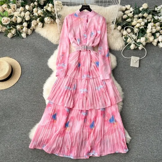 2024 Spring New French Gentle Style Printed Chiffon Dress Women's Hundred Pleated Ruffle Edge Holiday Cake Muslim Dress Women