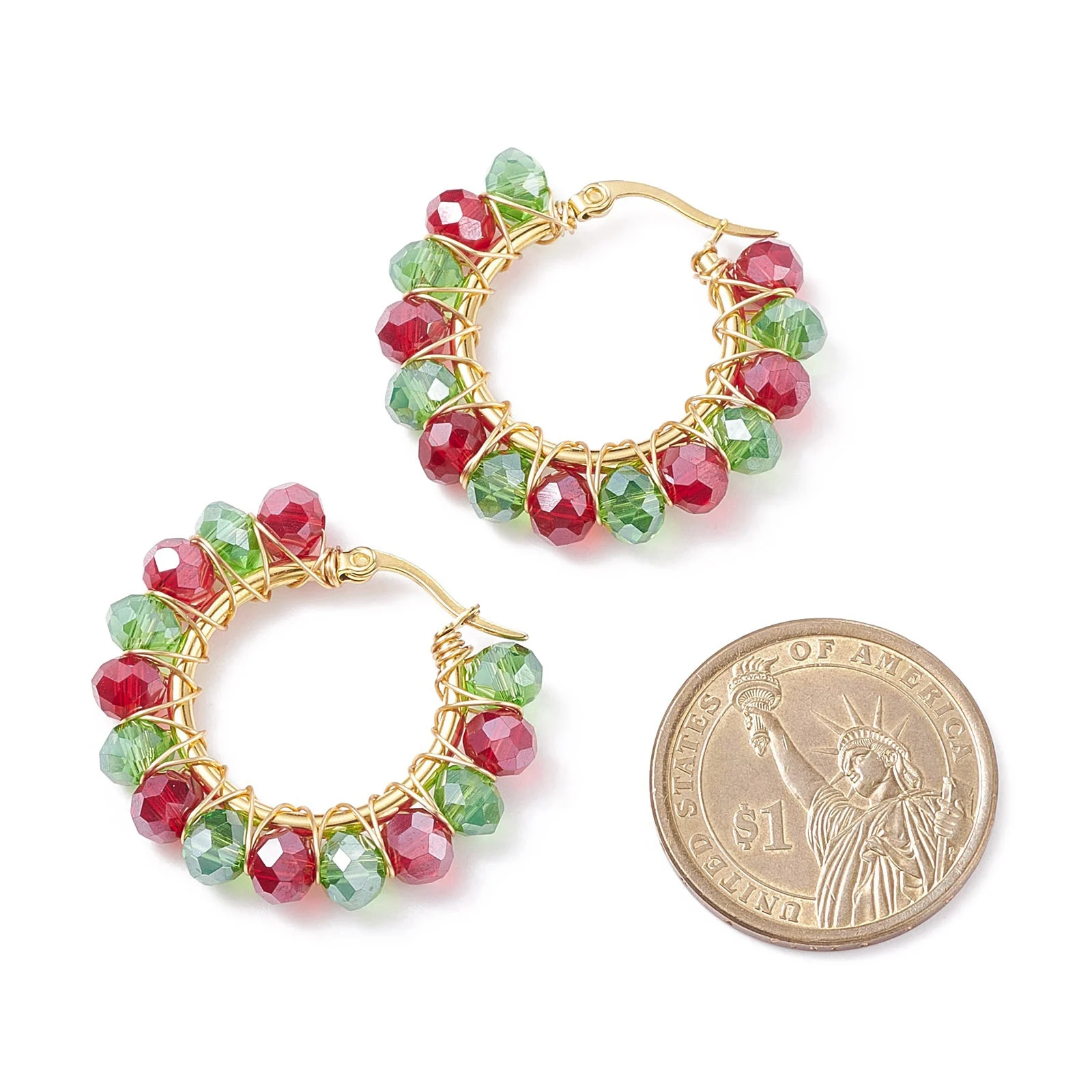 Kissitty 10Pairs Colorful Christmas Glass Braided Big Hoop Earrings Stainless Steel Wire Wrap Jewelry for Women Gift