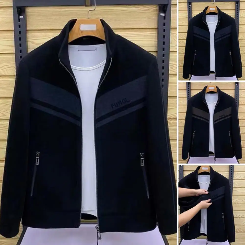 

Men Jacket Stylish Men's Winter Jacket Stand Collar Zip Closure Warm Cozy with Pockets Colorful Patchwork Design Men Thickened