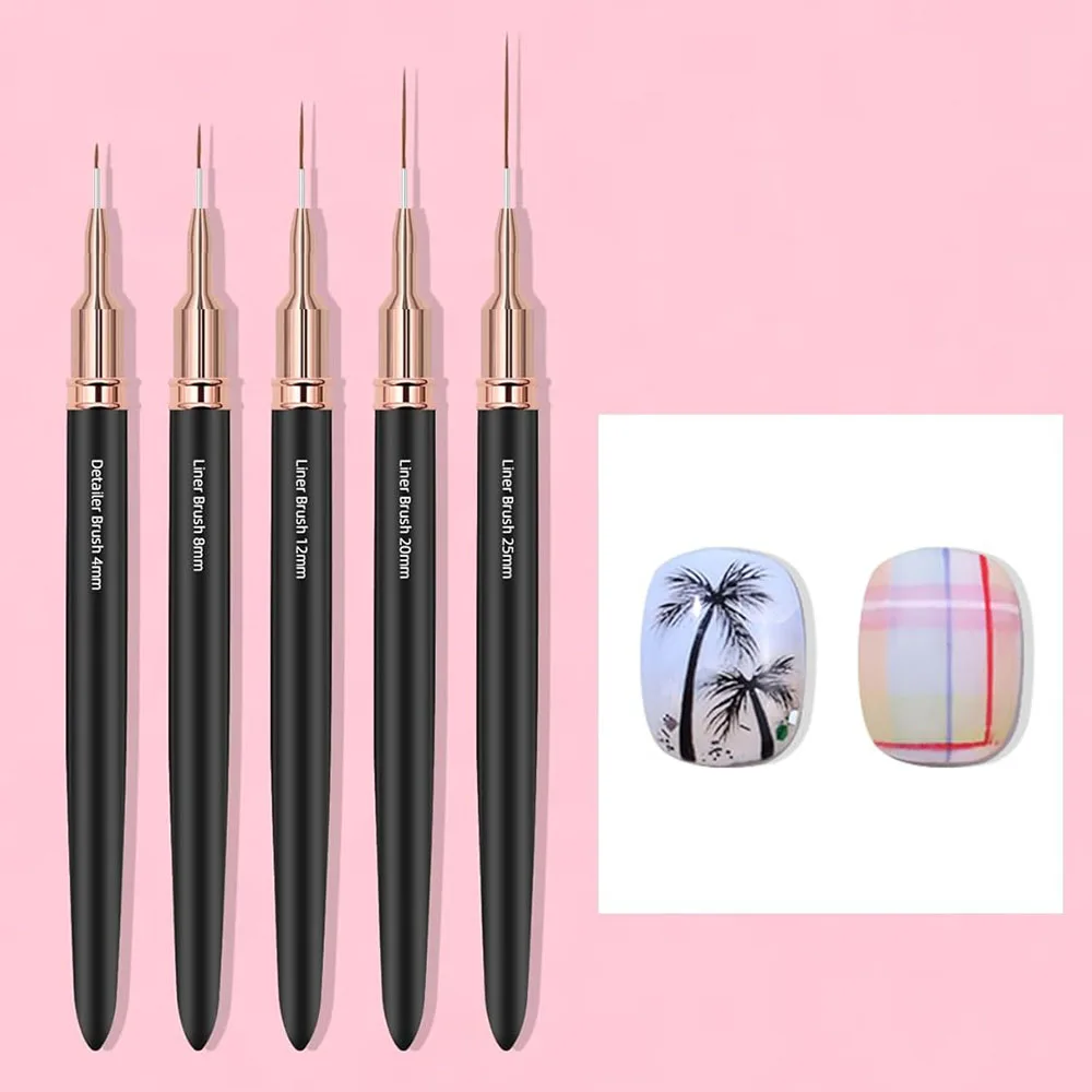 Black Nail Art Liner Brushes 5Sizes Painting Nail Design Pen /8/12/20/25mm Drawing Tool for Long Lines Thin Details Manicure Pen 3