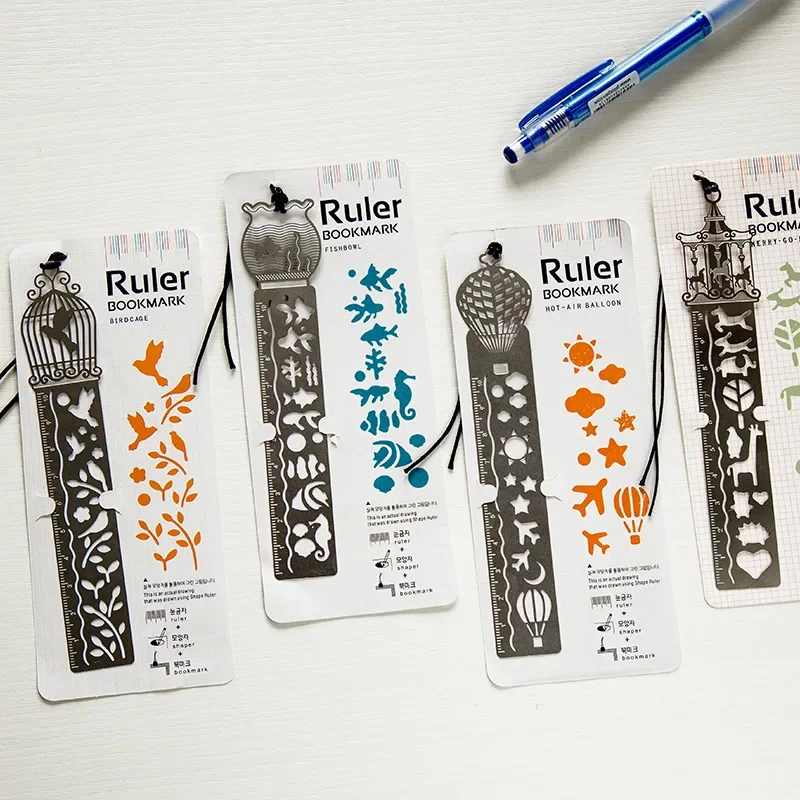 16 PCs Cartoon Pattern Metal Record Daily Templates for Quilting Ruler Multi-Function Bookmark Ruler Hollow Hand Account