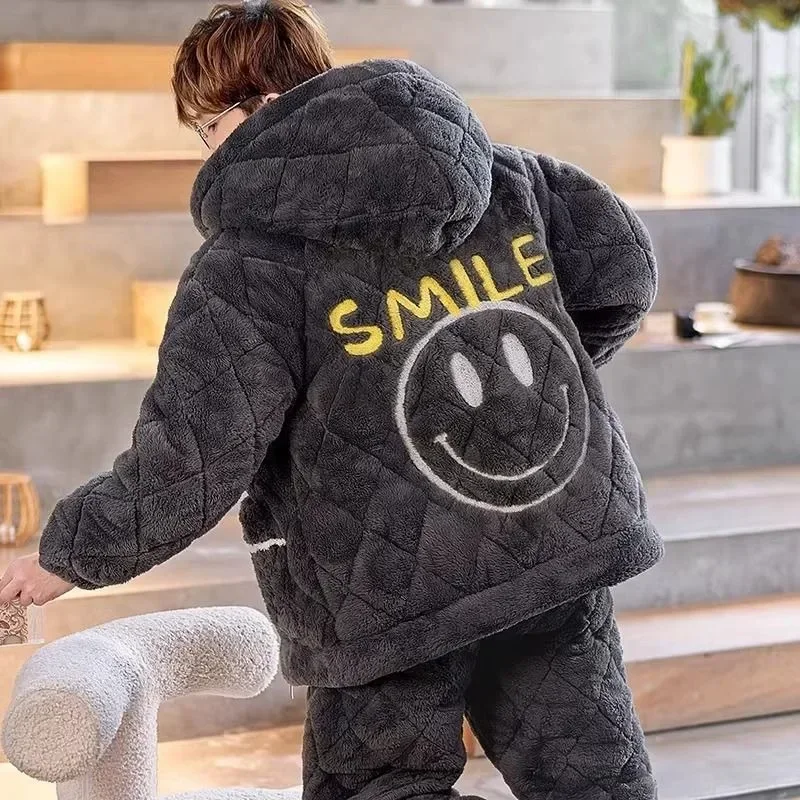 Pajamas Men Homewear Suit Winter Coral Fleece Home Sleep Clothes Thickened Three Layers Cotton Male Teen Hooded Loungewear Set
