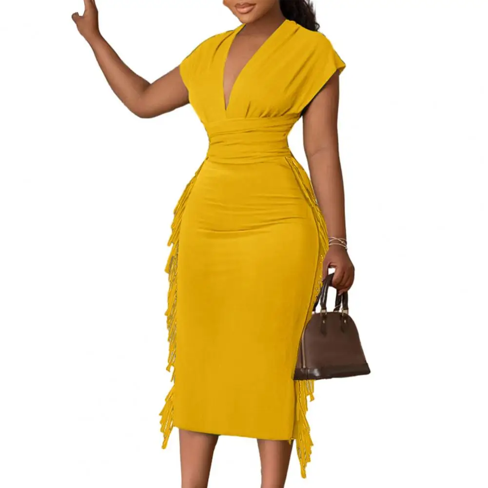 

2023 Women Dress Elegant High Tight Waist Fringed Tassel V Neck Short Sleeves Slim Fit Solid Color Sheath Prom Banquet Dress