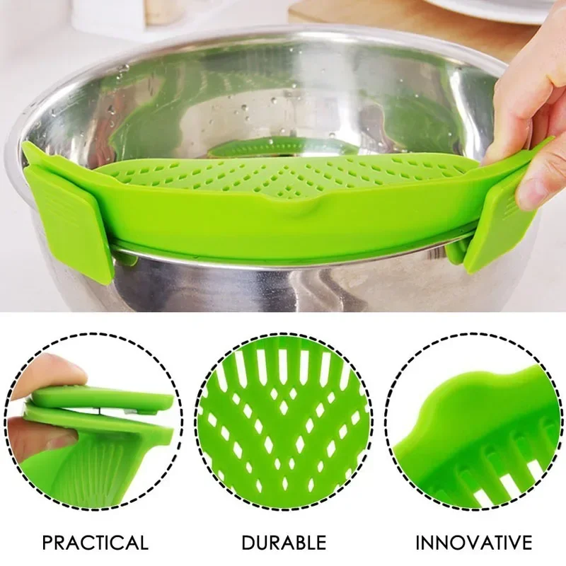 Universal Silicone Pot Edge Drainer Kitchen Clip-on Pan Pot Anti-spill Strainer Fruit Vegetable Washing Filter Noodles Colander